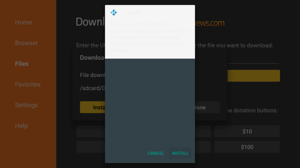 TV 11 APK Install prompt on Fire TV Fire OS 6 Device